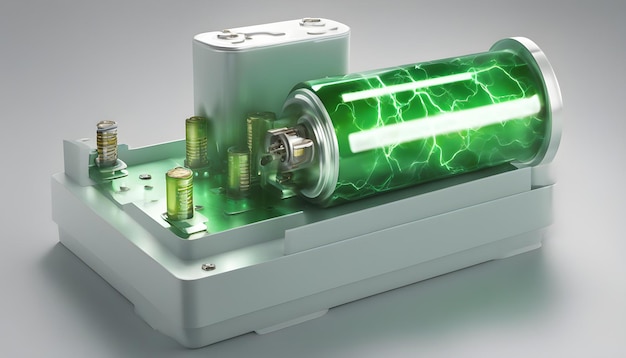 Opened green energy battery cell power spark isolated