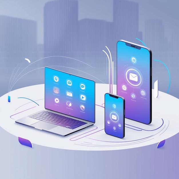 打開筆記型電腦與應用程式圖標 溝通和互動概念與技術裝置和應用程式按 移動裝置 電腦顯示器 多媒體平板電腦與程式軟件