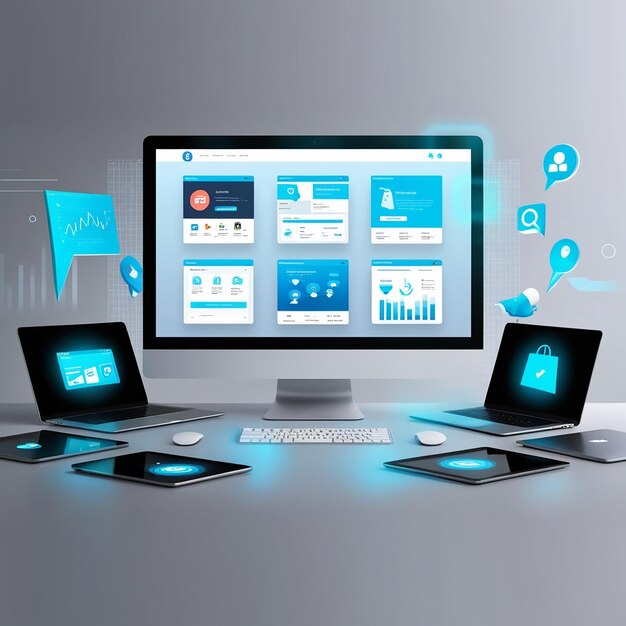 एप्लिकेशन आइकन संचार और तकनीकी डिवाइस और ऐप बटन के साथ इंटरैक्शन अवधारणा के साथ खुला लैपटॉप मोबाइल उपकरण कंप्यूटर डिस्प्ले मल्टीमीडिया टैबलेट प्रोग्राम सॉफ्टवेयर के साथ