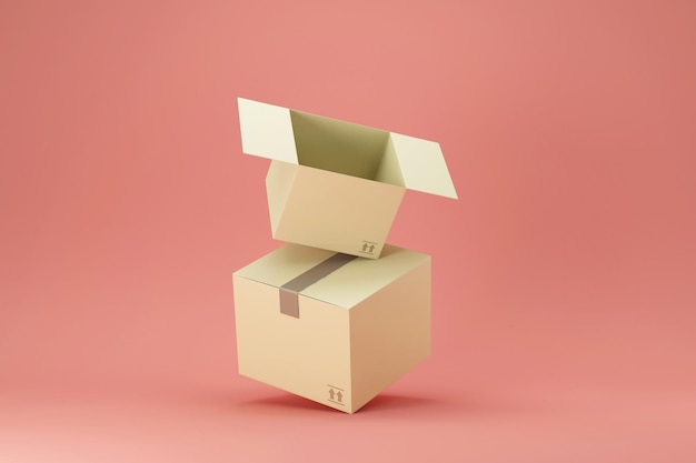 Photo opened levitation cardboard cargo boxes on pink studio background