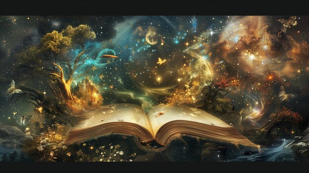 Opened magic book against the background of the night sky with clouds