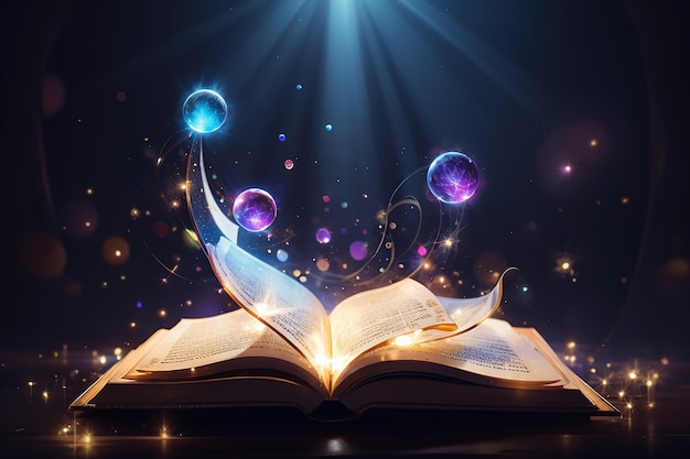 Photo opened magic book realistic image with bright sparkling light rays illuminating pages floating balls dark
