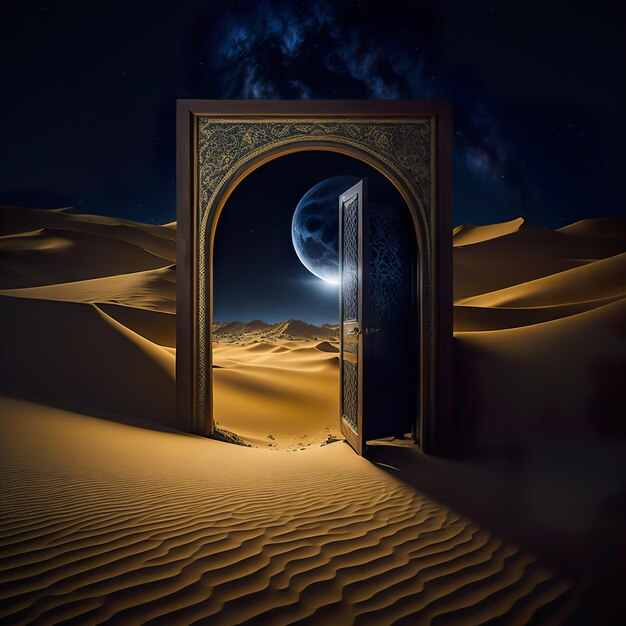 Photo opened old vintage door on desert nobody