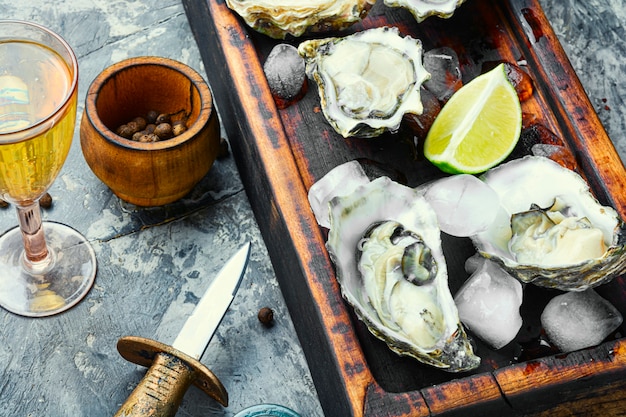 Opened oysters on cutting board