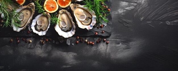 Photo opened oysters with spices and herbs on slate table seafood generative ai