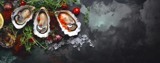 Photo opened oysters with spices and herbs on slate table seafood generative ai