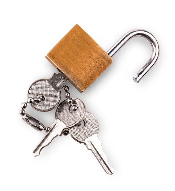 Opened padlock and keys isolated