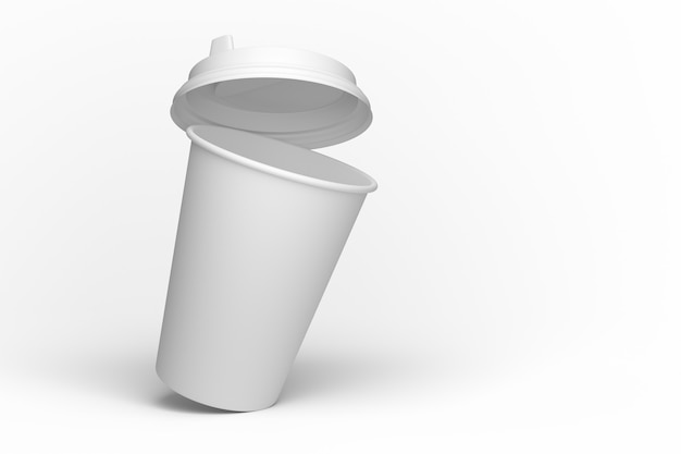 Opened paper cup lid. Tilted paper cup. White paper cup mockup for your design. 3d rendering.