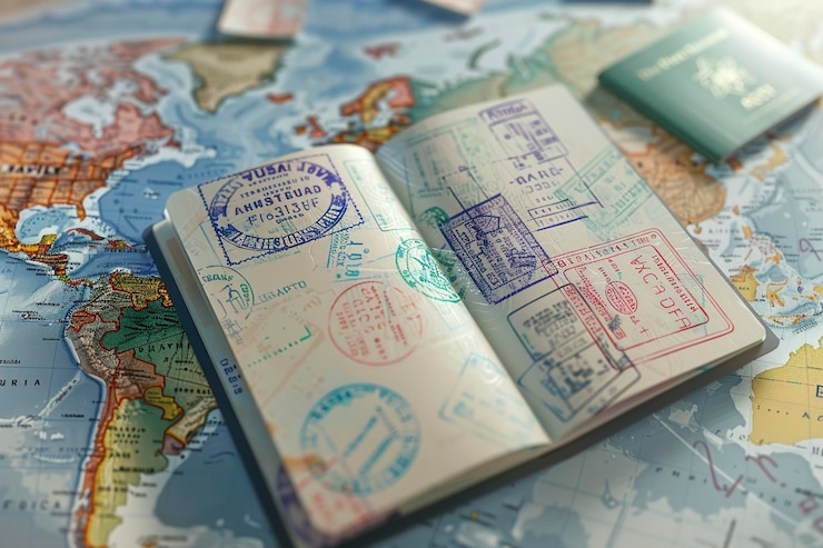 Photo an opened passport with visa stamps