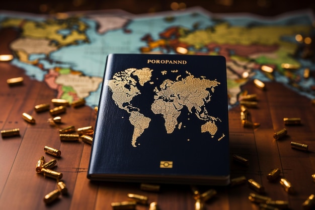 世界地図上に開いたパスポート