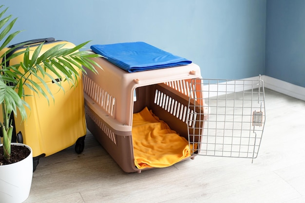 Opened plastic pet carrier or pet cage and yellow suitcase on the floor at home copy space