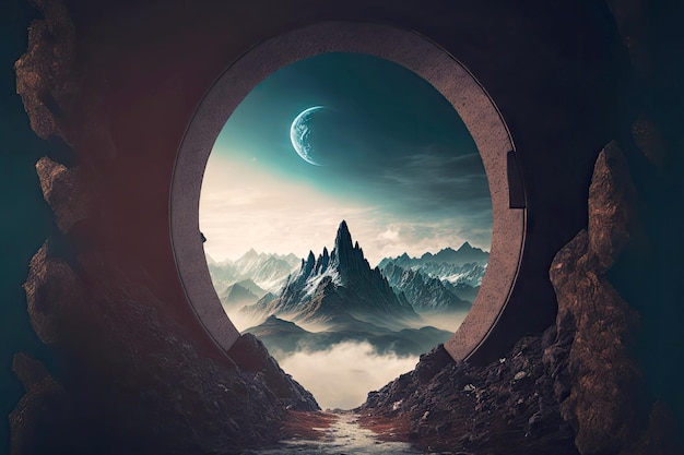 Opened portal over misty mountain landscape