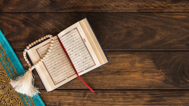 Photo opened quran lying near mat