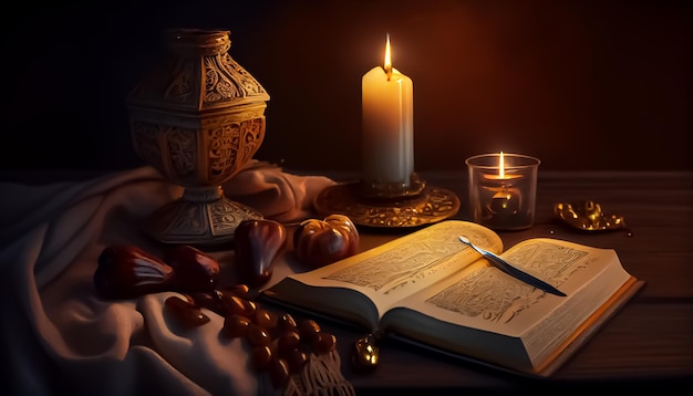 Opened the quran near the candle and sweet dates Ramadan the holy time for prayer generative ai