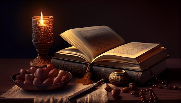 Opened the quran near the candle and sweet dates Ramadan the holy time for prayer generative ai