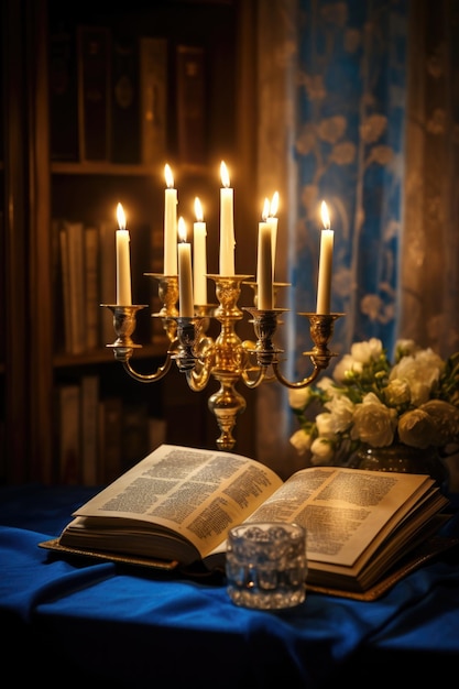 Photo opened for reading sacred tora in front of the window and lights at the evening background