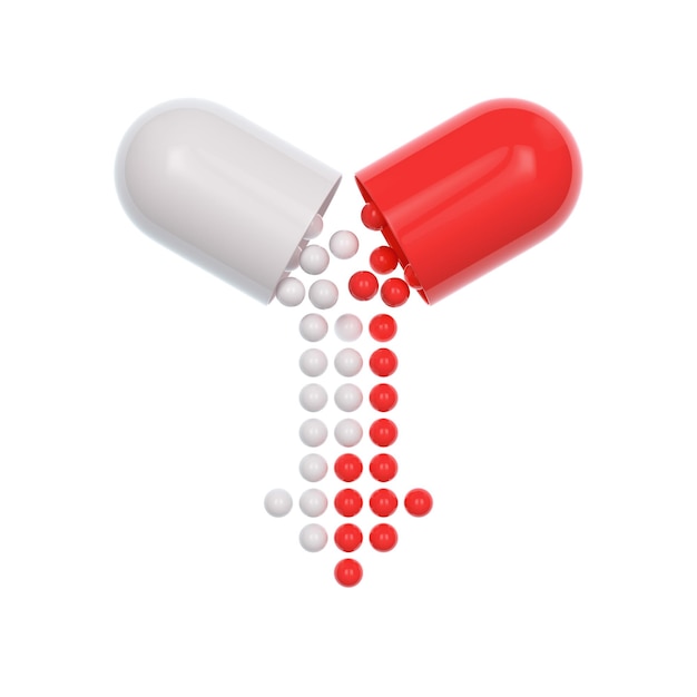 Opened red white pill capsule with arrow shaped crimson granules 3d render illustration