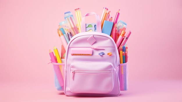 Opened school backpack with stationery in pastel