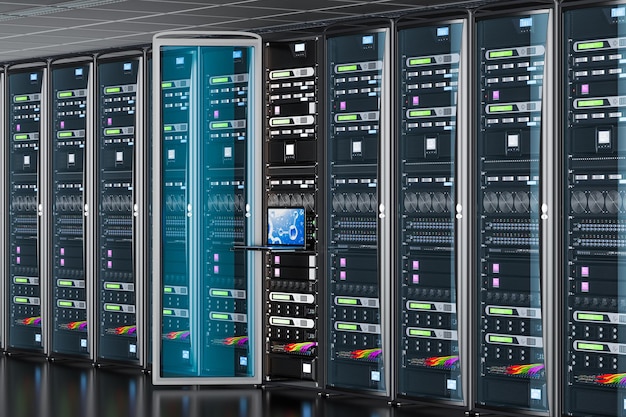 opened server rack with console in server room 3d rendering