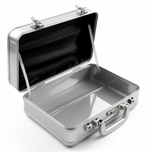 Foto valigetta argentea aperta isolata su bianco