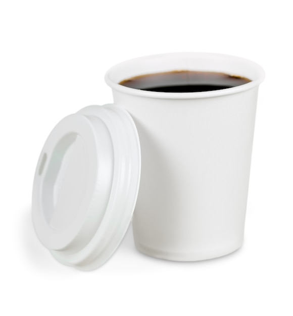 Opened take-out coffee with cup holder. Isolated on a white