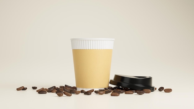 Открытый макет чашки горячего кофе на вынос с кофейными зернами на бежевом фоне пустая этикетка 3d визуализации
