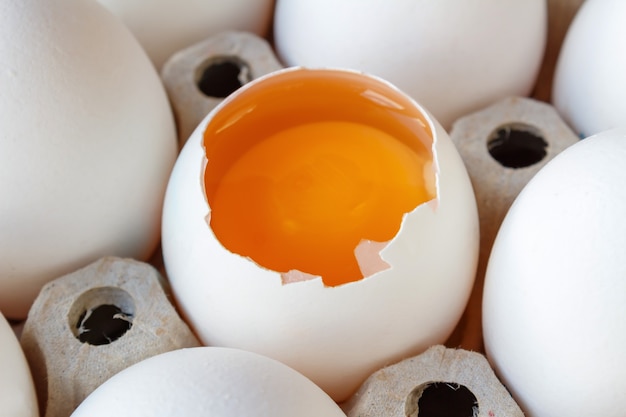 Opened white chicken egg with yolk in cardboard tray closeup