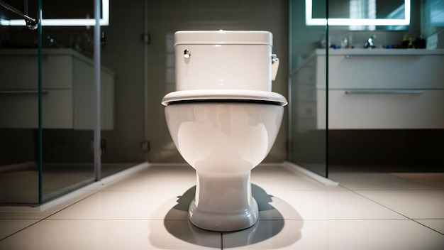 Opened white toilet bowl in modern bathroom