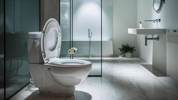 Opened white toilet bowl in modern bathroom