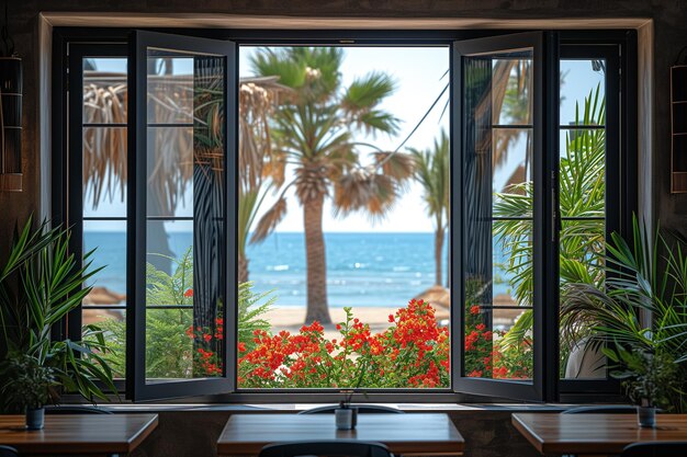 熱帯海辺を眺めるカフェの開いた窓