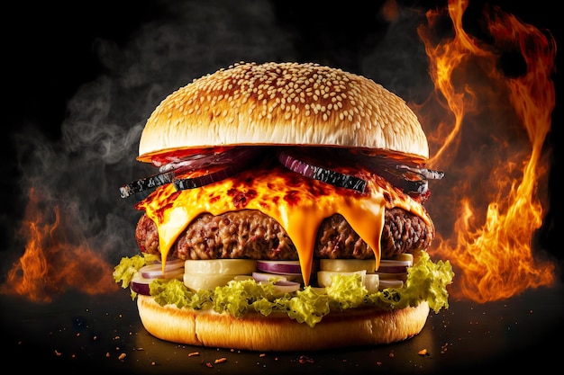 Жареный бургер барбекю на открытом огне с гамбургером из говядины с золотой корочкой и сыром