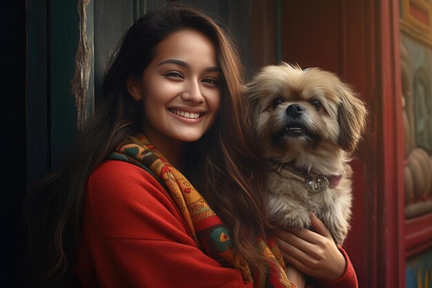 openhartig portret jonge volwassen vrouw met haar hond op straat AI gegenereerd