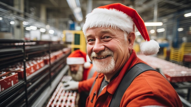 Openhartig portret van senior man in de fabriek met kerstmuts kerstconcept
