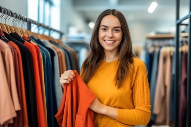 Openhartige vrouw die kleding koopt in een warenhuis Generatieve AI