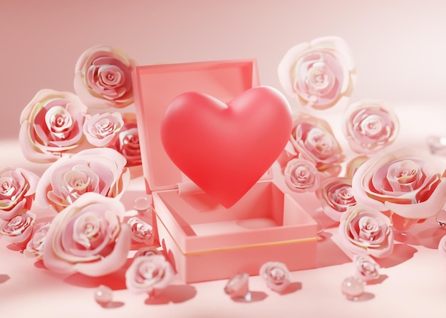 Foto scatola di apertura dell'amore tra petali di rose rosa e matrimonio di diamanti valentine concept 3d render