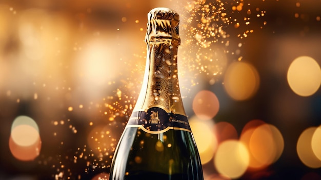 Opening champagne bottle closeup golden bokeh glitter