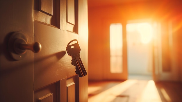 Opening door with golden house key chain on fuzzy interior background and mockup for your advertisement Homebuying idea Generative AI