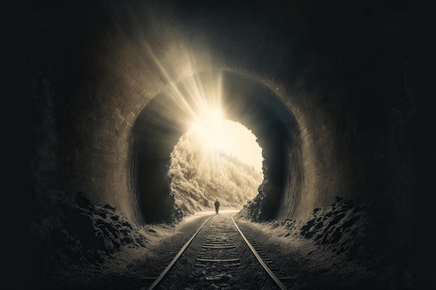 Opening of a large dark tunnel with railway tracks leading out