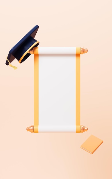 Photo opening scroll and graduate cap on the yellow background 3d rendering