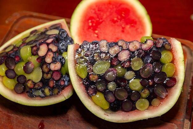 Opening a watermelon filled with gelatin and berries Interesting and different dessert