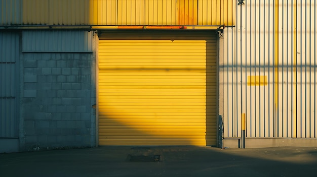 Opening yellow iron shutter door of garage and industrial building warehouse exterio Generative AI