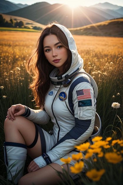 Openlucht ontdekkingsreiziger die in bloemgebied zit die gele bloemen houdt vrouw die ruimtepakachtergrond draagt