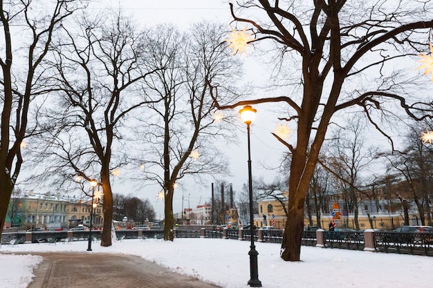 Openluchtkerstmislichten op bomen