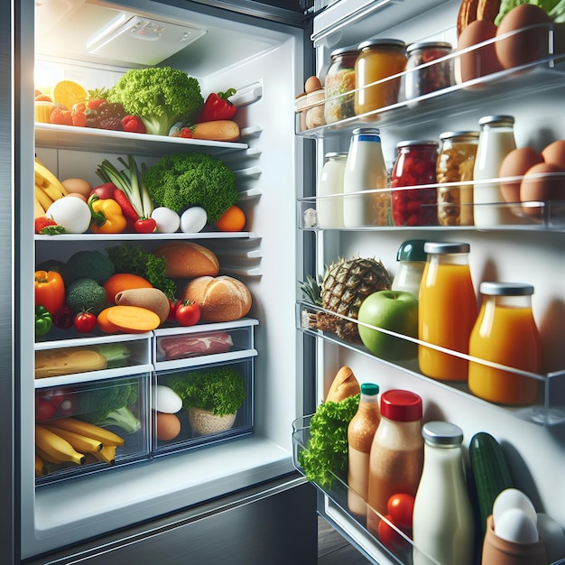 Openned refrigerator with white shelves and food on it | Premium  AI-generated image