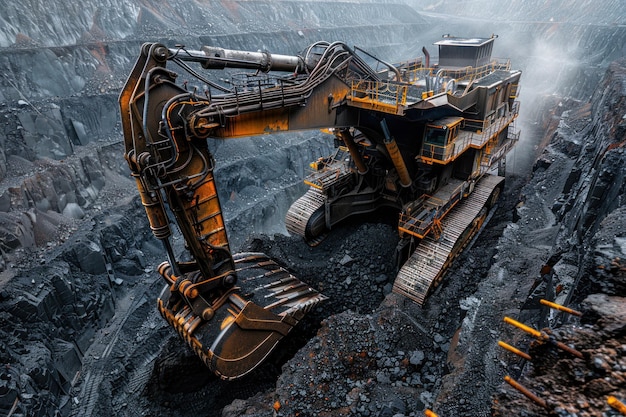 Openpit coal mining Deep quarry A huge bucket wheel excavator with an impact crusher mines coal