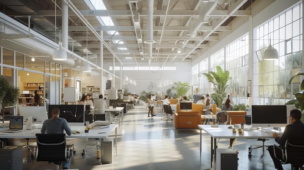 An openplan office space filled with natural light showcasing teams working together The design reflects a collaborative spirit and a professional yet comfortable AI Generative