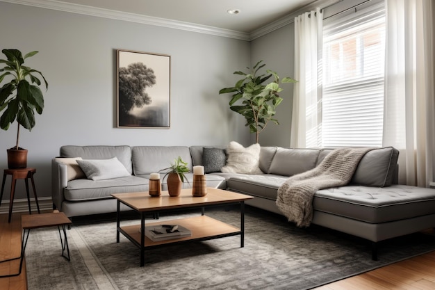 Photo an openspace living area with a gray couch coffee table and a rug