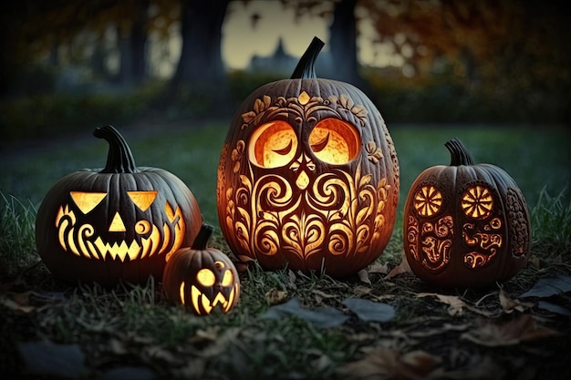 Openwork carved pumpkins on the grass in the evening twilight Generate Ai