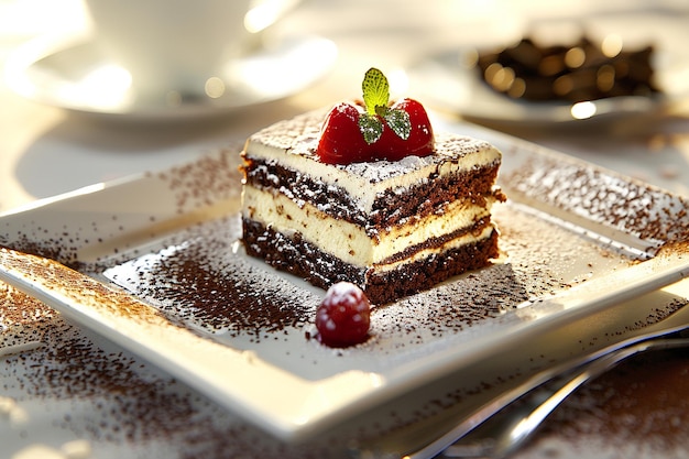 Opera cake in a coffee setting