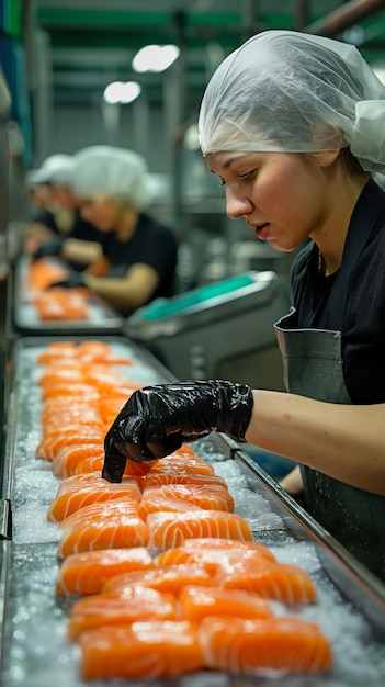 写真 産業労働者として食品パッケージングマシンを操作する